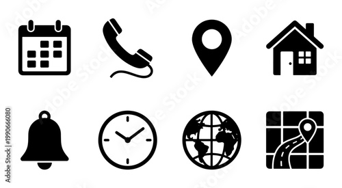 Minimalist contact icons set, black solid communication symbols, 8 vector UI elements for business website and mobile app navigation