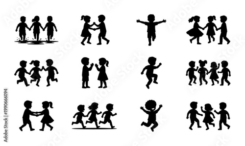 Happy children silhouettes set, group of kids playing and running vector icons, childhood friendship and active youth black shapes on white background