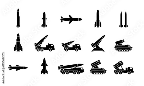 Military missile and rocket launcher silhouette icons, 15 black vector weapon elements, ballistic missile systems and artillery vehicles for defense infographics