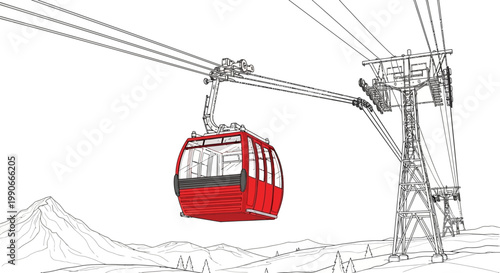 Red gondola lift ascending against a white backdrop with mountain outline