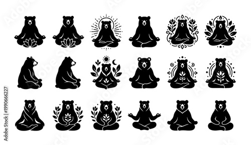 Zen meditating bear icons set, 18 yoga grizzly bear silhouettes, black and white spiritual animal vector collection for wellness and mindfulness branding