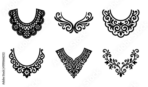 Vintage neckline embroidery patterns, set of 6 floral lace collar designs, black filigree neck line vector ornaments for fashion and apparel