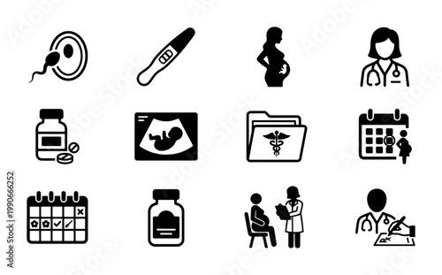 Pregnancy and maternity medical icons set, 12 black vector symbols for prenatal care, obstetrics and gynecology healthcare illustrations for hospital apps