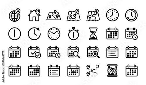 Minimalist time and location line icons, 28 black outline vector symbols, scheduling and navigation elements for app interface design
