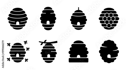 Minimalist beehive icon set, black silhouette honey bee nest collection, 8 vector hive symbols for beekeeping and organic honey branding
