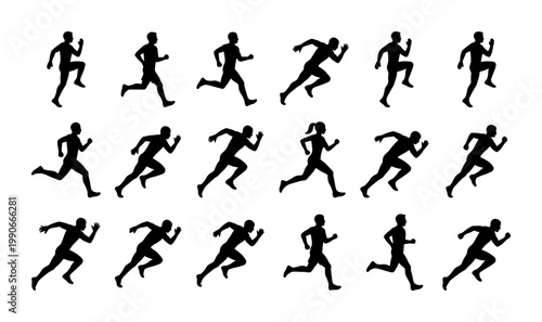 Running man silhouette collection, 18 athlete runner icons in motion, black male and female joggers set, fitness and marathon sprint vector graphics