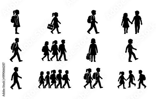 School children silhouettes set, students walking with backpacks vector icons, primary school pupils going to class, kids education collection