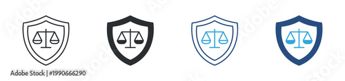 Law security icon set. Legal protection concept, shield with scales of justice, justice and security symbol, vector illustration