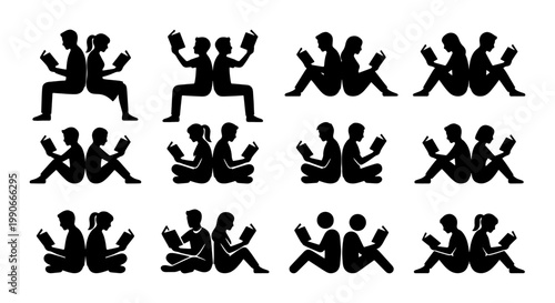 Reading people silhouettes collection, set of 12 black vector icons of students and book lovers, library and education concept graphics