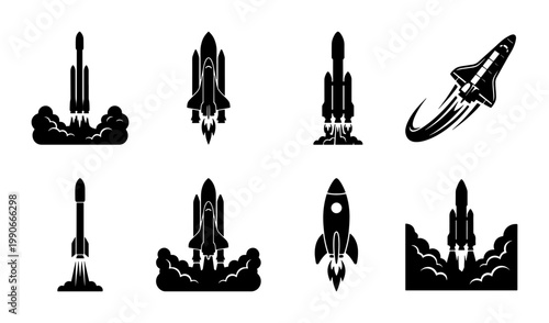 Space rocket launch icons set, black shuttle silhouette collection, 8 vector spacecraft symbols with smoke and fire, aerospace mission graphics