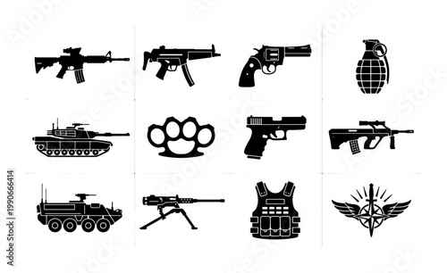 Military weapon icons set, black silhouette tactical gear and firearms collection, 12 vector elements featuring guns, tanks, and combat equipment