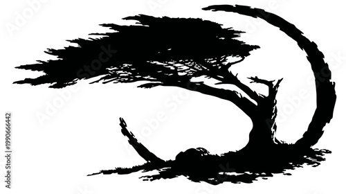 Silhouette of a windswept tree framed by a crescent moon shape on a white backdrop