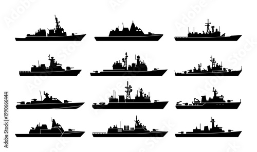 Military warship silhouettes set, 12 navy vessel icons in black vector format, destroyer and battleship fleet collection for marine defense infographics