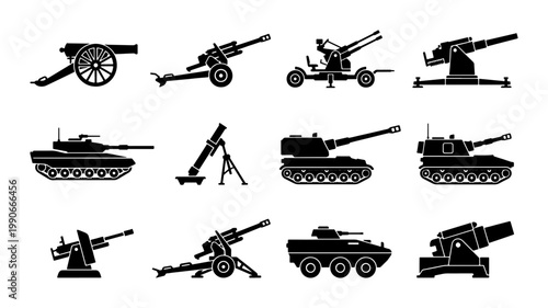 Military artillery and tank silhouettes, set of 12 heavy weapon icons, black army vehicle vector graphics, combat equipment for tactical design