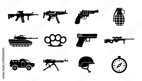 Military weapon silhouette icons set, 12 black tactical gear and firearm vector elements, army equipment and combat weapon symbols for gaming
