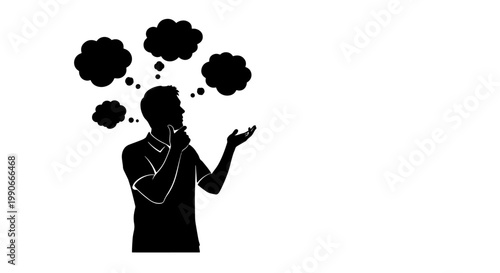A black silhouette of a person thinking with multiple thought bubbles above their head, representing contemplation or ideas.