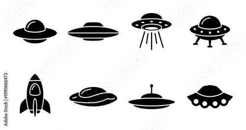 UFO and spaceship icon set, black alien spacecraft silhouettes, 8 flying saucer and rocket vector elements for sci-fi design and gaming UI