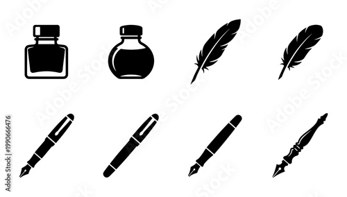 Vintage fountain pen and inkwell icons, set of 8 black quill and ink bottle vector silhouettes, classic calligraphy writing tools for stationery design