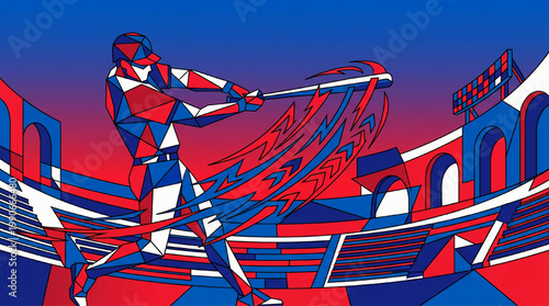 Geometric illustration of a baseball player hitting a ball in a stadium