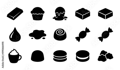 Chocolate and confectionery icon set, 15 black solid vector symbols of sweets and desserts, cocoa products and bakery treats for menu design