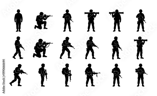 Military soldier silhouettes set, 18 armed infantry warrior vector icons, special forces army personnel with rifles and rocket launchers
