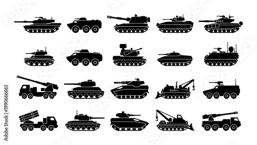 Military tank silhouettes set, 20 armored vehicle icons, black army transport vector collection, heavy artillery and combat machinery graphics