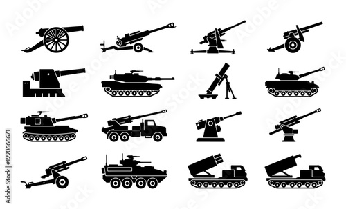 Military artillery and tank silhouettes, 16 heavy weapon icons set. Army combat vehicle and cannon vector collection. War equipment and defense machinery.