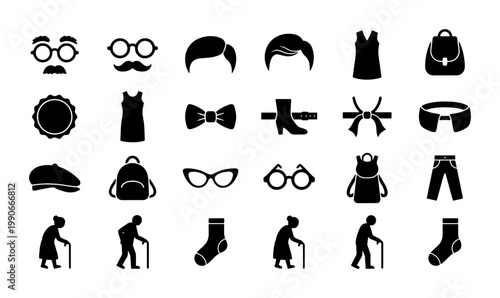 Minimalist fashion and elderly lifestyle icons, black silhouette clothing and accessory set, 24 vector elements for senior care and apparel design