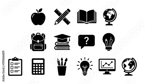 Education icon set with school supplies, black flat vector symbols for learning and teaching, 14 academic icons for classroom and study apps