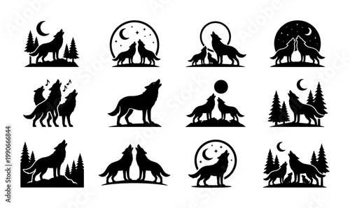Howling wolf silhouette icons set, 12 black vector wolf logos with moon and forest, wild animal silhouettes for outdoor branding and tattoo design