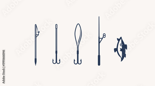 Simplified graphic of fishing gear icons with a fish illustration, ideal for outdoor pursuits