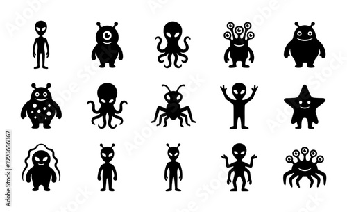 Foto Alien silhouette icons set, 15 extraterrestrial monster character vectors, black