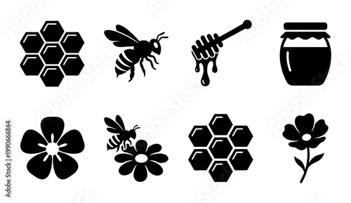 Honey bee icon set with honeycomb and jar, black silhouette apiculture vector elements, 8 organic honey production symbols for branding