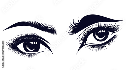 Black and white illustration of two stylized eyes with long lashes and full eyebrows