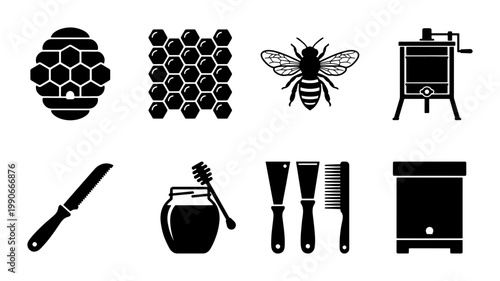 Beekeeping equipment icon set, black honey production vector symbols, 8 professional apiary tools and bee farm elements for organic food branding