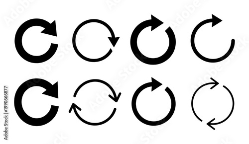 Circular arrow icons set, black refresh and reload symbols, 8 vector rotation signs for web interface and app navigation design