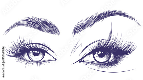 Stylized illustration of two eyes, each detailed with eyelashes, eyebrows, and a defined gaze