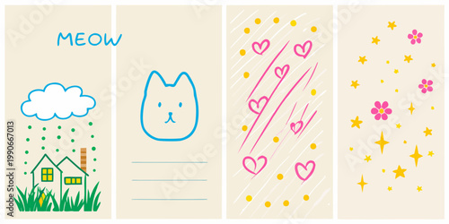 Four illustrated panels with a cat hearts flowers and a house