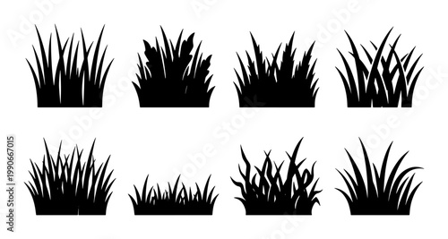 Black grass silhouette set, 8 botanical lawn tuft icons, organic meadow plant shapes, flat vector nature elements for landscape design