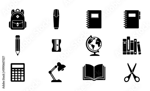 Tableau sur toile Black school icons set, 12 education vector symbols on white background, academi