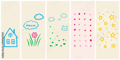 A series of colorful hand drawn illustrations on rectangular backgrounds