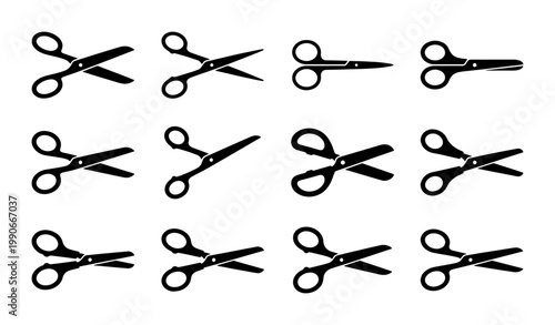 Black scissors silhouette icons set, 12 vector cutting tool symbols, professional stationery and tailoring equipment collection for office and craft