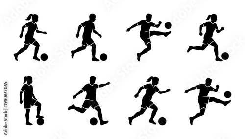 Soccer player silhouettes set, male and female football athletes in action poses, black vector icons of people playing soccer on white background