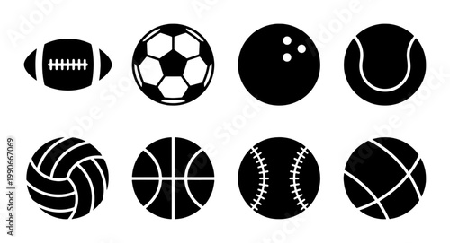 Minimalist sports ball icons set, black silhouette athletic equipment collection, 8 vector symbols for soccer, basketball, football and baseball