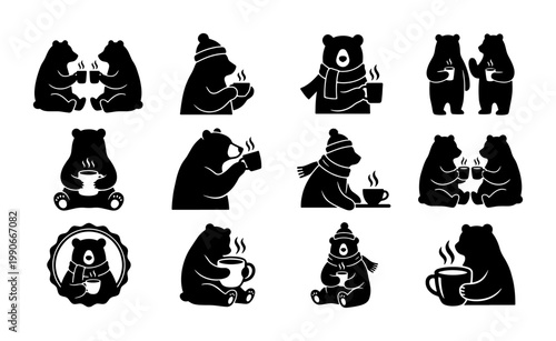 Minimalist bear coffee icons, set of 12 black silhouette bears drinking hot tea, winter grizzly bear with scarf and mug vector illustrations
