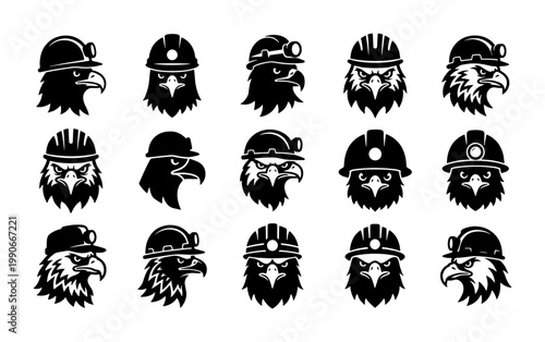 Eagle head mascot icons wearing construction hard hats, set of 15 industrial worker bald eagle vector logos, black and white bird of prey emblems