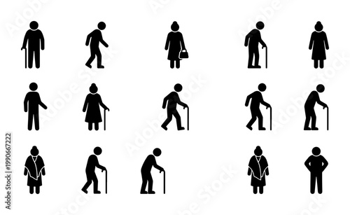 Elderly people silhouette icons set, senior citizens walking with canes and sticks, 14 black vector figures of aged men and women for healthcare