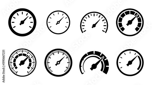 Speedometer icon set with 8 vector gauges, black dashboard meter symbols, industrial pressure gauge and tachometer collection for performance tracking