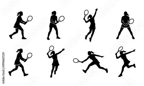 Tennis player silhouettes set, 8 female athlete vector icons in action poses, black sport figures with rackets for tournament posters and club branding