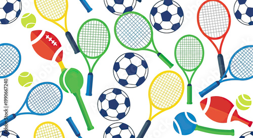 Vibrant pattern of assorted sports balls and racquets